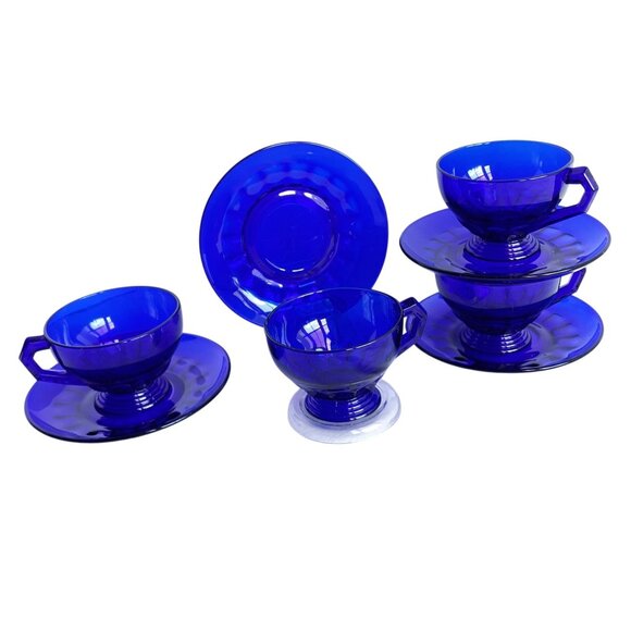 4 Indiana Glass Cobalt Blue Kings Crown Glass vintage Teacup & Saucer Sets - Picture 1 of 7